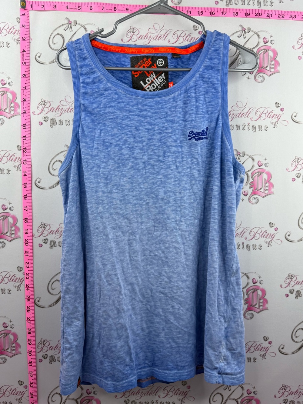 Superdry low roller tank top shirt Light Blue Slub Knit Tank Top Orange Trim